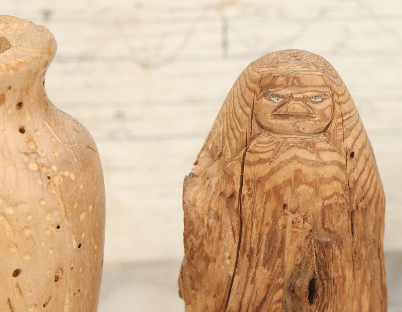 Lot 063 - Pair Of Antique Hand-Carved Wooden Pieces, Rustic Folk Art, One Featuring A Carved Native Face, Another A Vase
