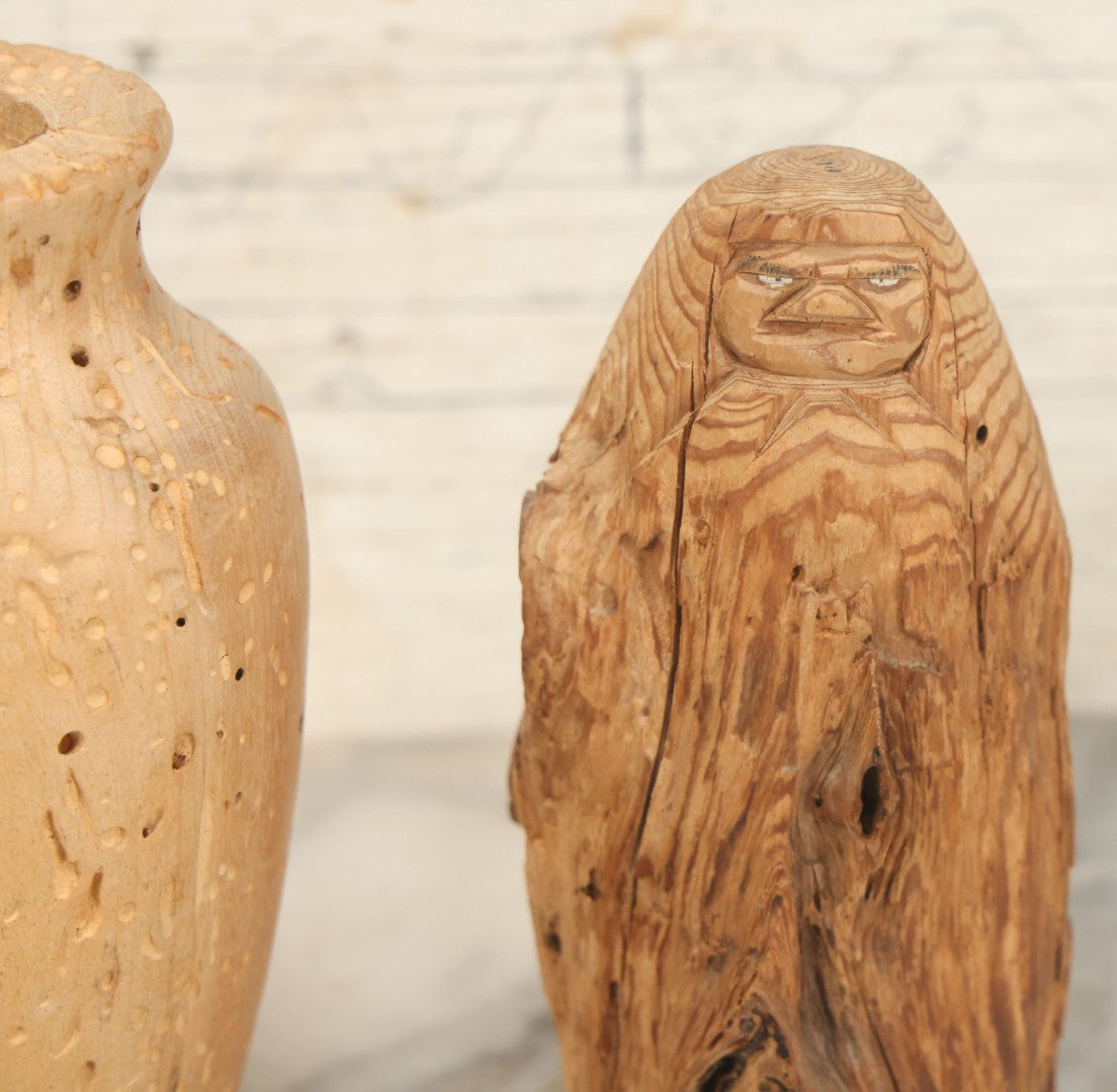 Lot 063 - Pair Of Antique Hand-Carved Wooden Pieces, Rustic Folk Art, One Featuring A Carved Native Face, Another A Vase