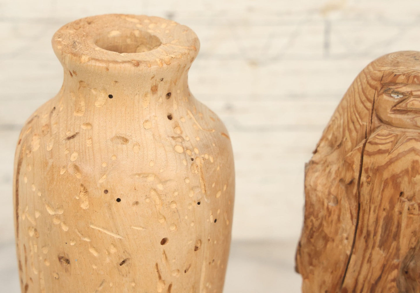 Lot 063 - Pair Of Antique Hand-Carved Wooden Pieces, Rustic Folk Art, One Featuring A Carved Native Face, Another A Vase