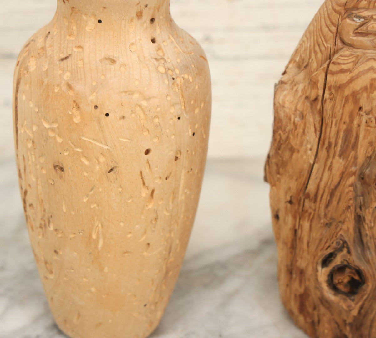 Lot 063 - Pair Of Antique Hand-Carved Wooden Pieces, Rustic Folk Art, One Featuring A Carved Native Face, Another A Vase