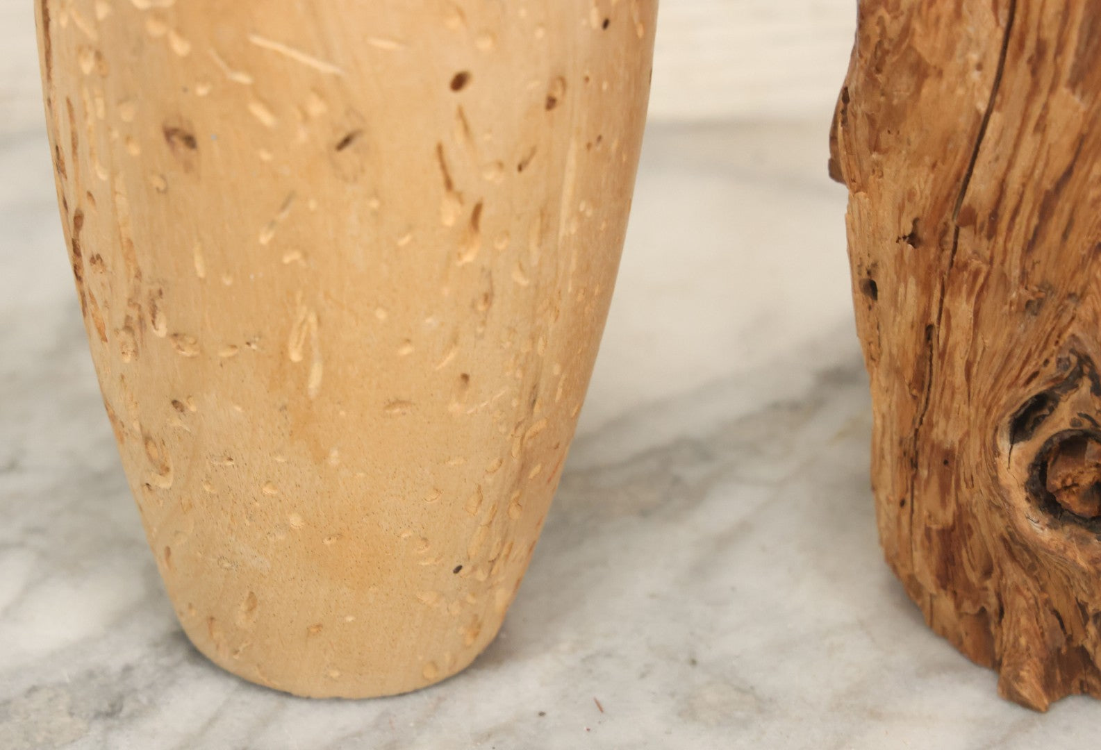 Lot 063 - Pair Of Antique Hand-Carved Wooden Pieces, Rustic Folk Art, One Featuring A Carved Native Face, Another A Vase