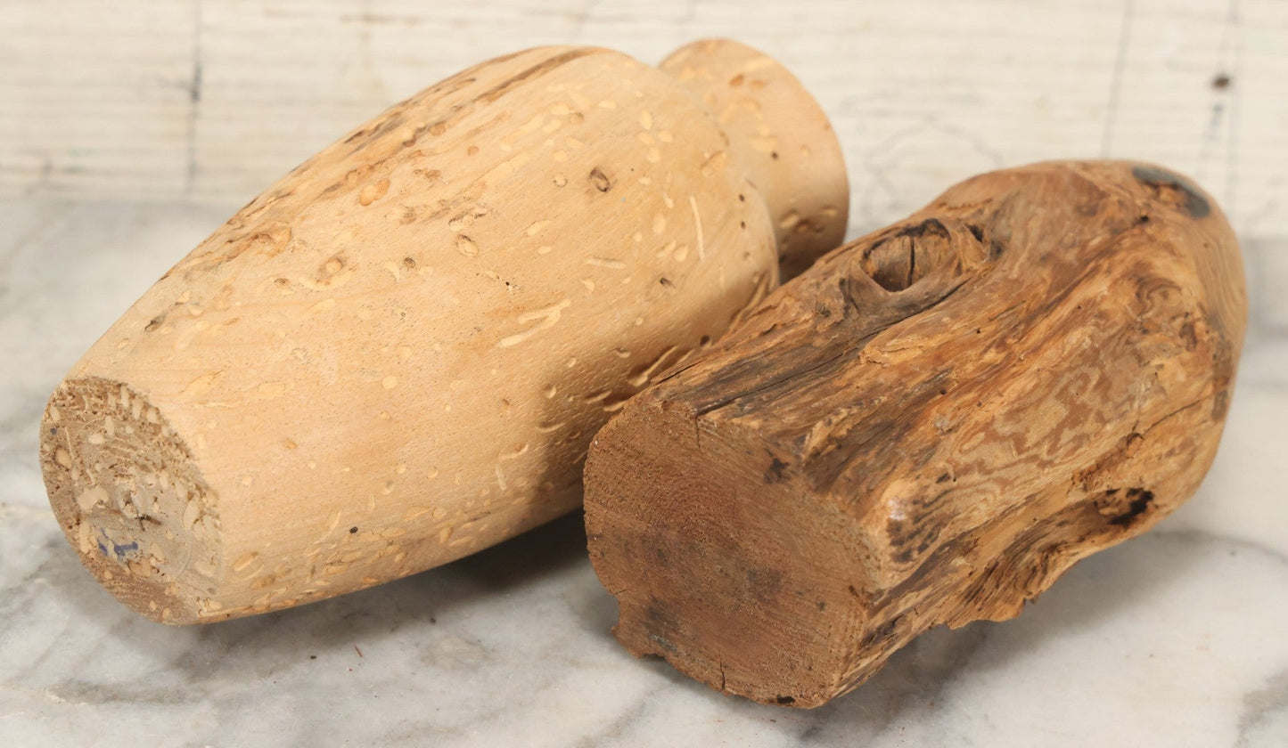 Lot 063 - Pair Of Antique Hand-Carved Wooden Pieces, Rustic Folk Art, One Featuring A Carved Native Face, Another A Vase