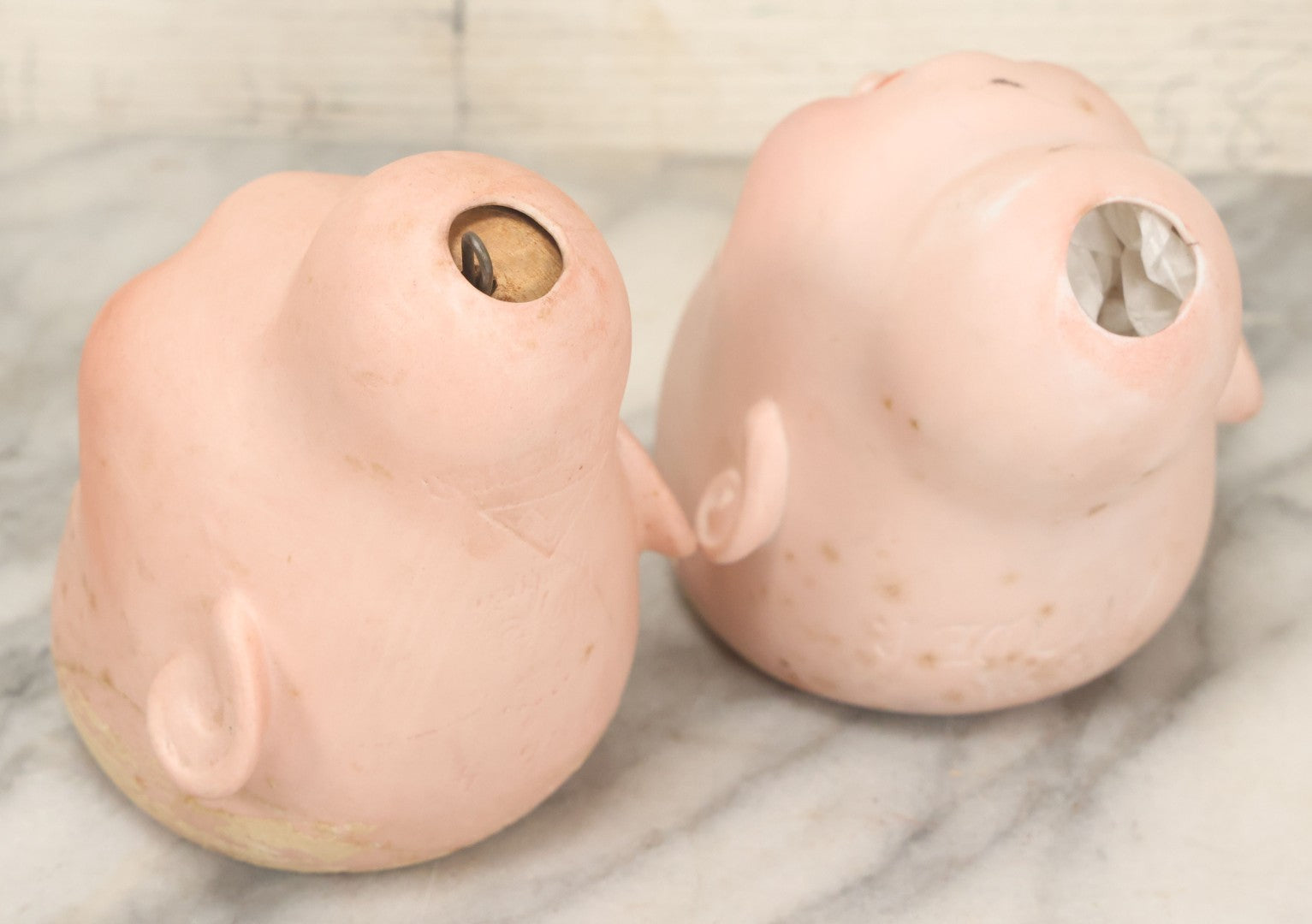 Lot 064 - Pair Of Antique Porcelain Doll Heads With Glass Eyes, Note Cracks, Missing Parts, And Age Wear, Armand Marseille 1894 & Limbach Wally