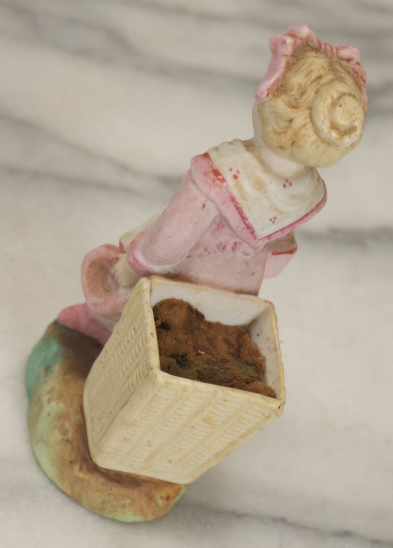 Lot 065 - Antique Hand-Painted Bisque Girl Figural Match Strike, Match Safe, Pink Dress And Bonnet, Likely German