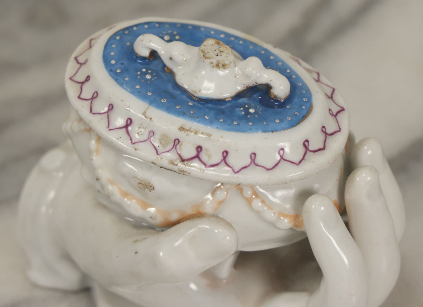 Lot 066 - Antique Porcelain Hand Holding Lidded Trinket Box, Ornate Decorative Design, Note Finial Broken Off, Included