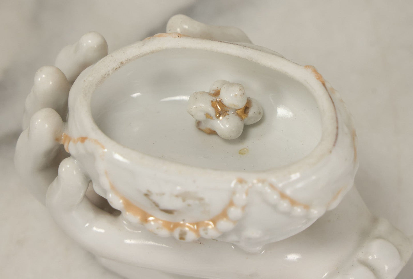 Lot 066 - Antique Porcelain Hand Holding Lidded Trinket Box, Ornate Decorative Design, Note Finial Broken Off, Included