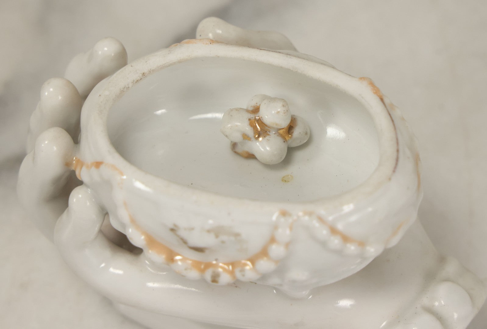 Lot 066 - Antique Porcelain Hand Holding Lidded Trinket Box, Ornate Decorative Design, Note Finial Broken Off, Included