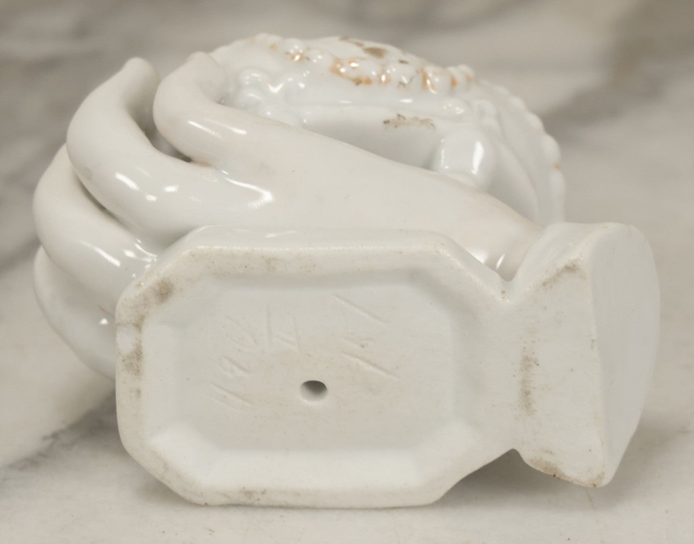 Lot 066 - Antique Porcelain Hand Holding Lidded Trinket Box, Ornate Decorative Design, Note Finial Broken Off, Included