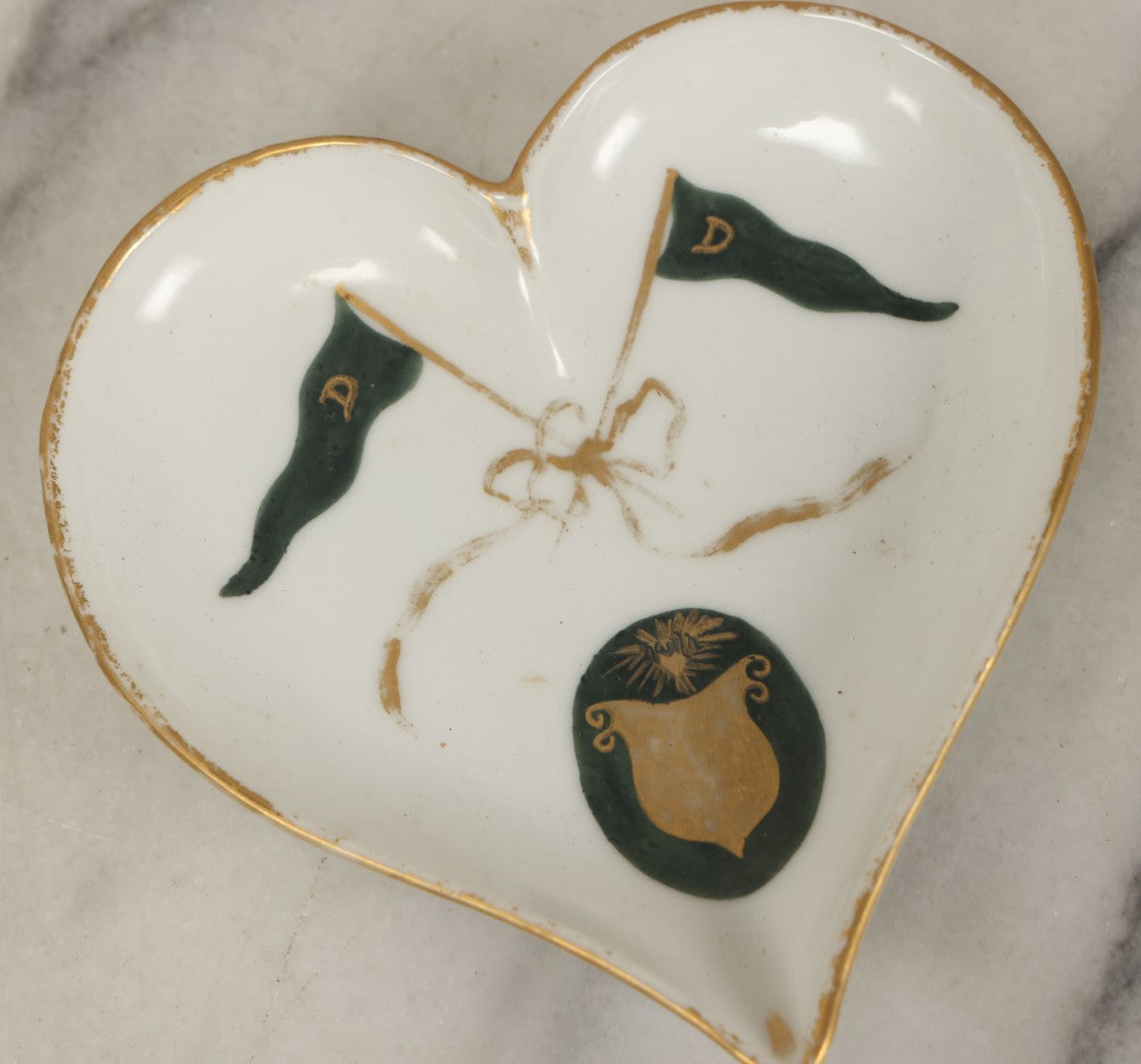 Lot 068 - Antique Heart-Shaped Porcelain Trinket Dish, Dartmouth College, New Hampshire, Gilded Rim