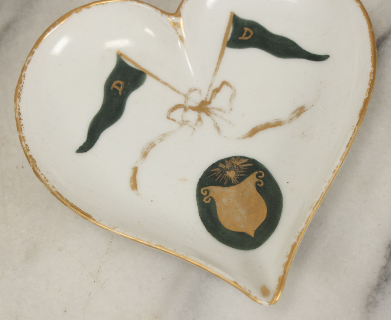 Lot 068 - Antique Heart-Shaped Porcelain Trinket Dish, Dartmouth College, New Hampshire, Gilded Rim