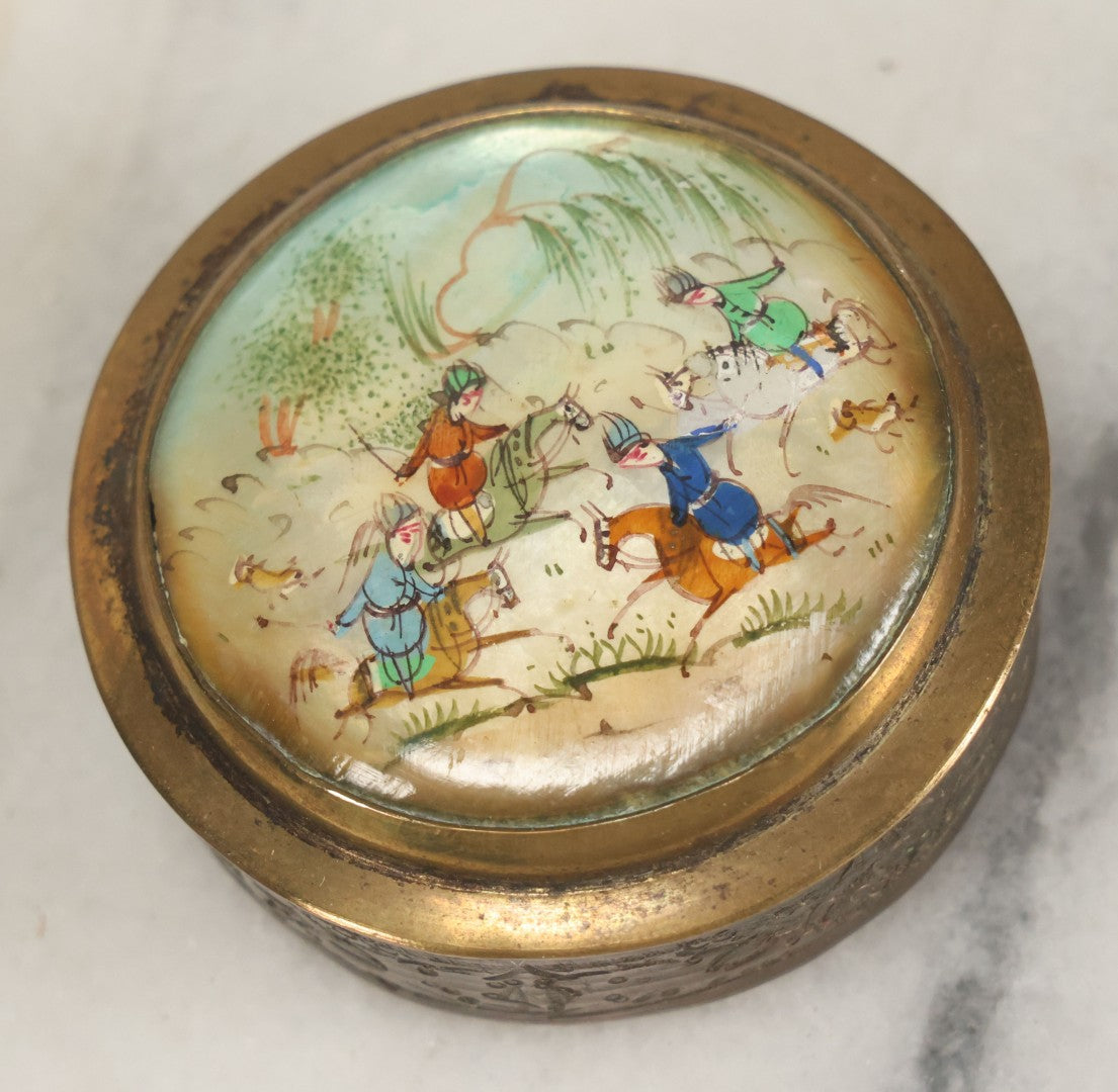 Lot 069 - Antique Persian Miniature Hand-Painted Mother-Of-Pearl Box, Equestrian Polo Scene, Mirrored Lid