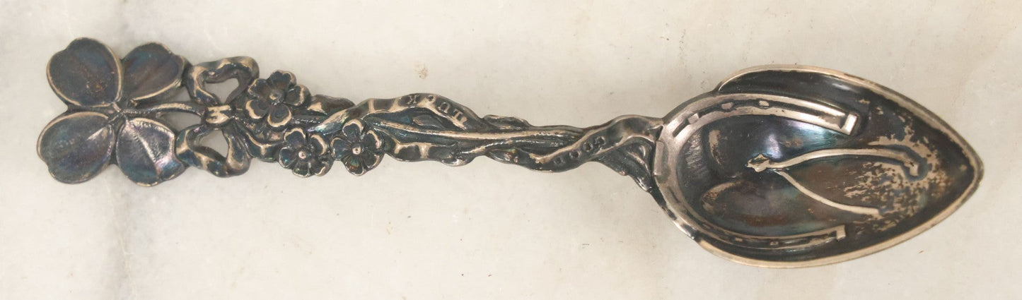 Lot 071 - Antique Sterling Silver "Good Luck" Spoon With Horseshoe And Clover Handle, Equestrian Motif