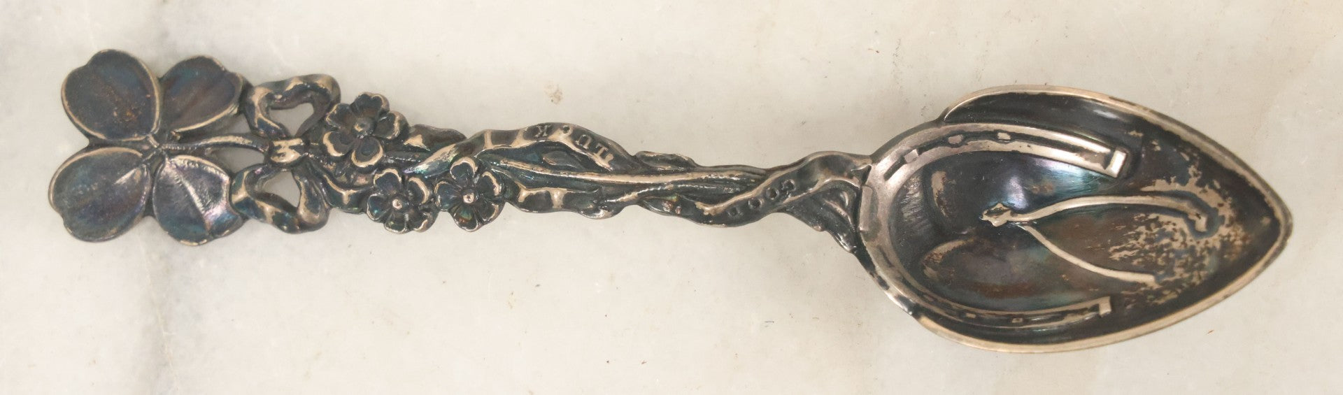 Lot 071 - Antique Sterling Silver "Good Luck" Spoon With Horseshoe And Clover Handle, Equestrian Motif