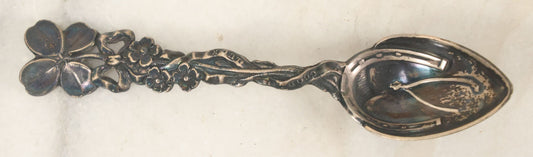 Lot 071 - Antique Sterling Silver "Good Luck" Spoon With Horseshoe And Clover Handle, Equestrian Motif