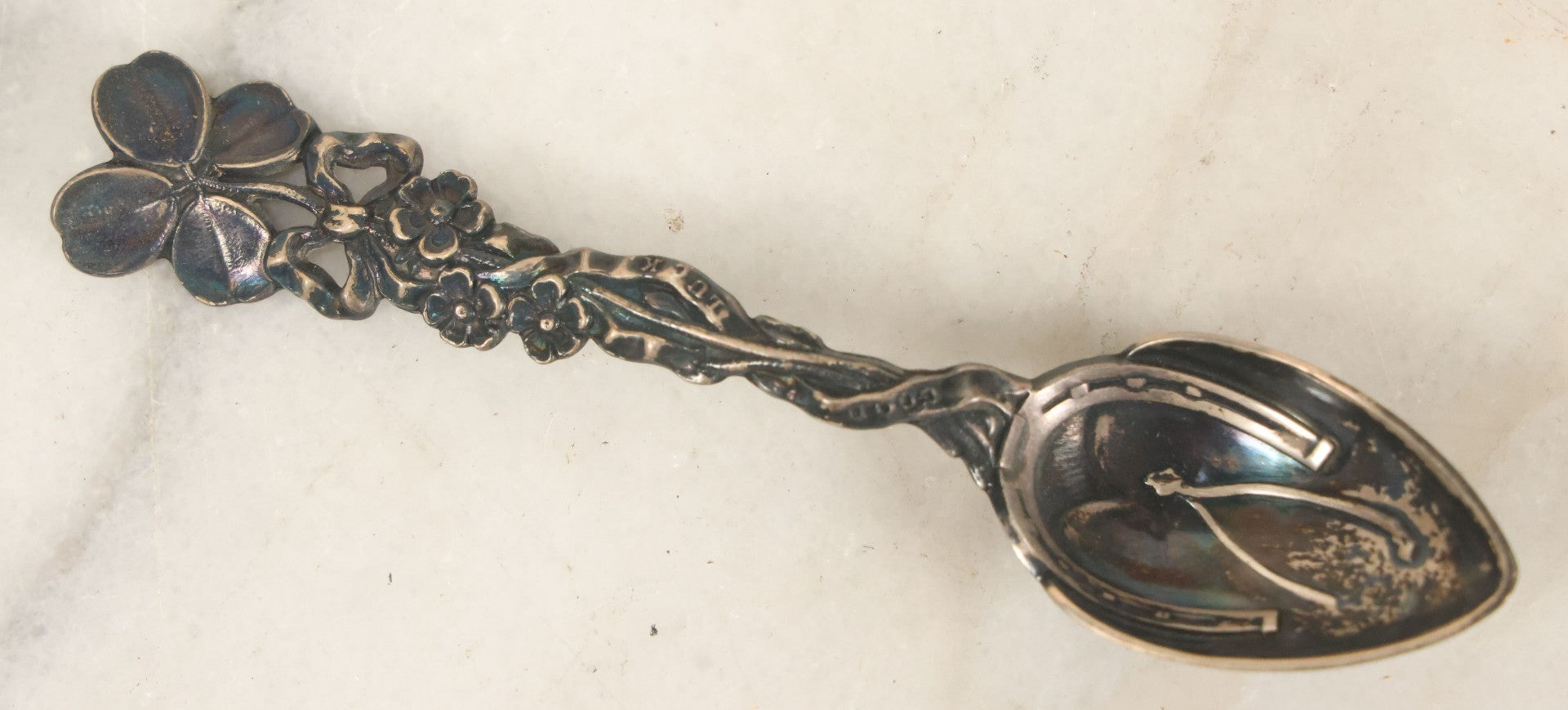 Lot 071 - Antique Sterling Silver "Good Luck" Spoon With Horseshoe And Clover Handle, Equestrian Motif