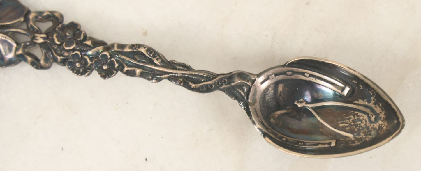 Lot 071 - Antique Sterling Silver "Good Luck" Spoon With Horseshoe And Clover Handle, Equestrian Motif