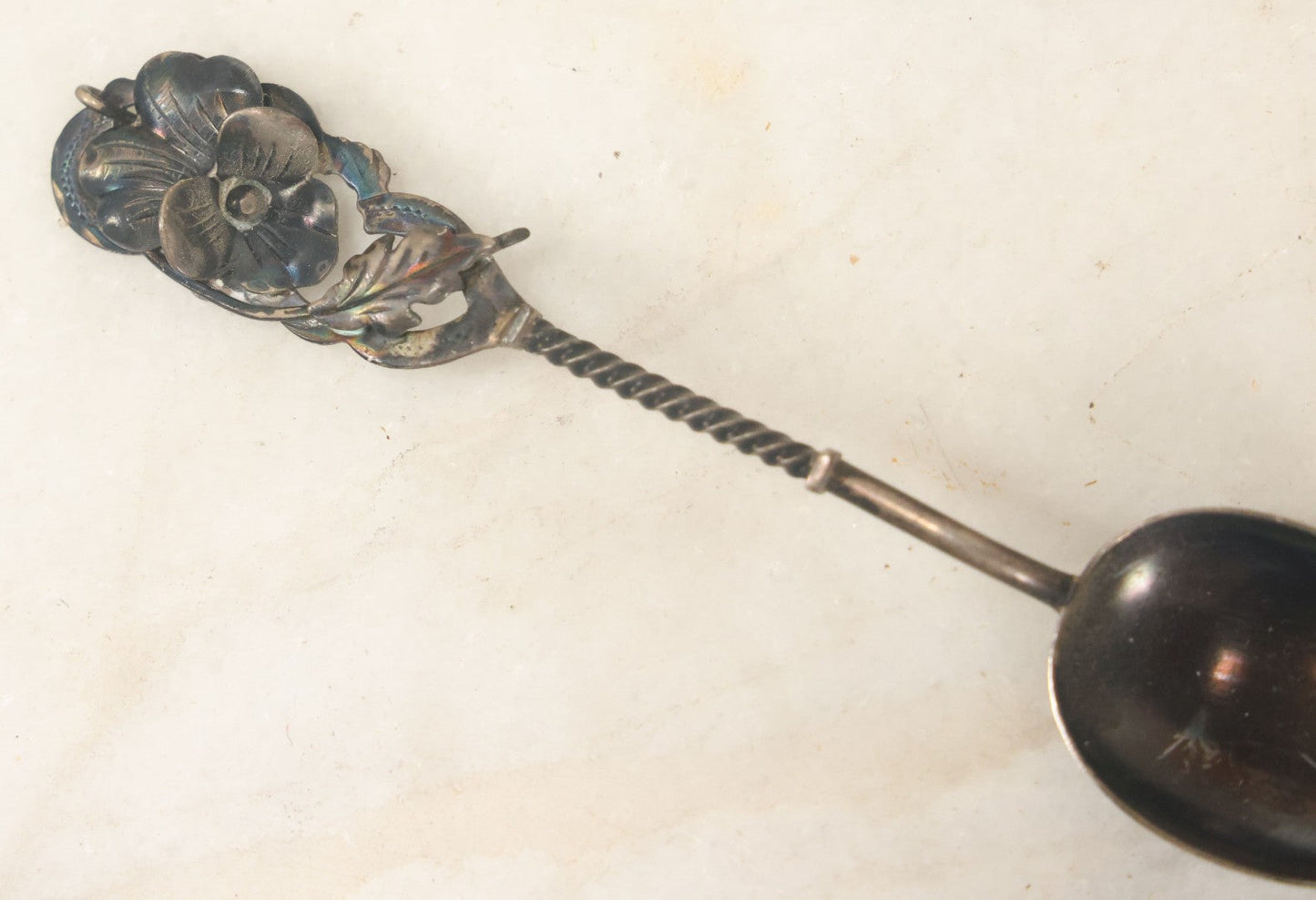 Lot 072 - Antique Art Nouveau Sterling Silver Spoon With Pansy Flower Handle, Twisted Stem Design