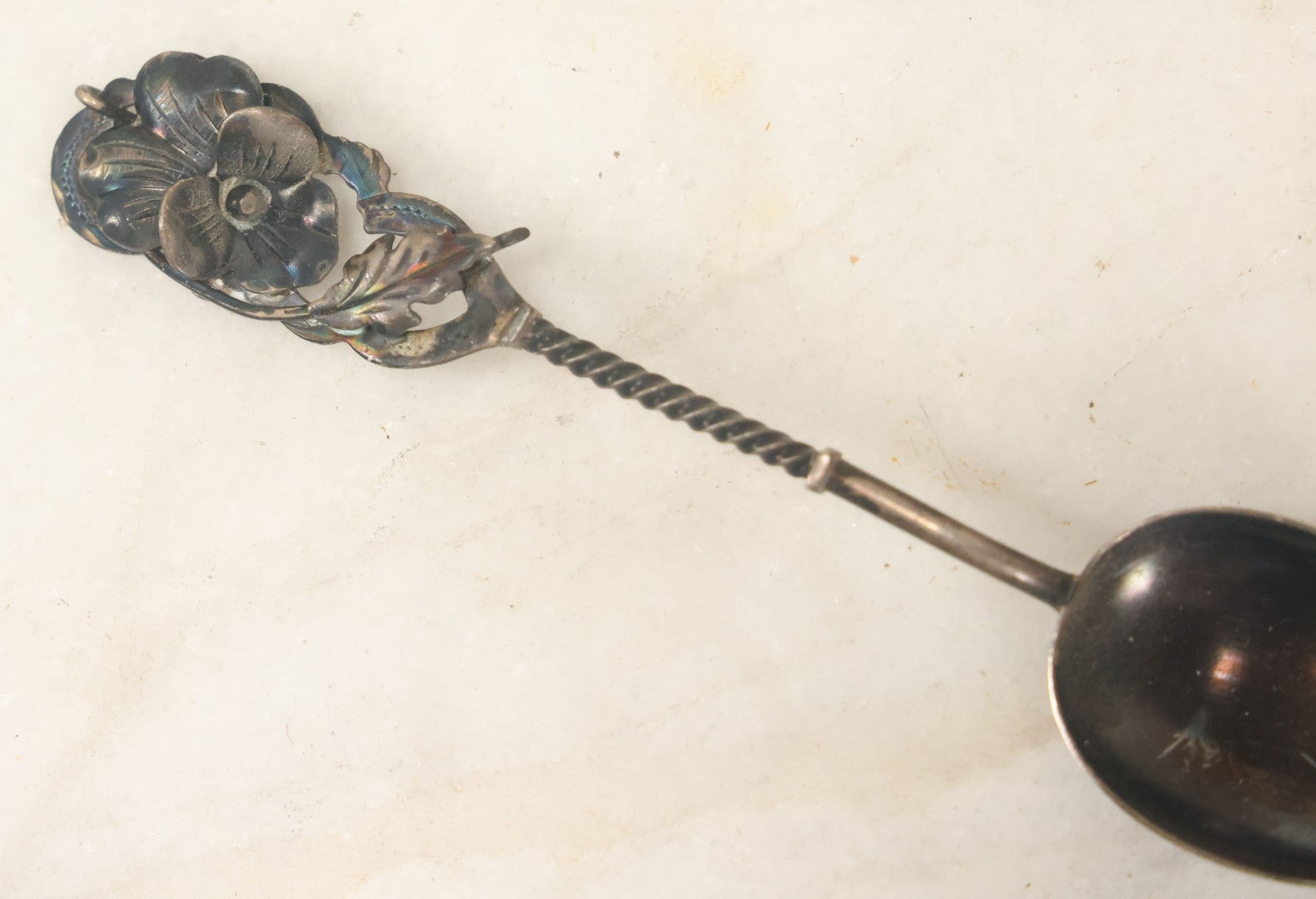 Lot 072 - Antique Art Nouveau Sterling Silver Spoon With Pansy Flower Handle, Twisted Stem Design