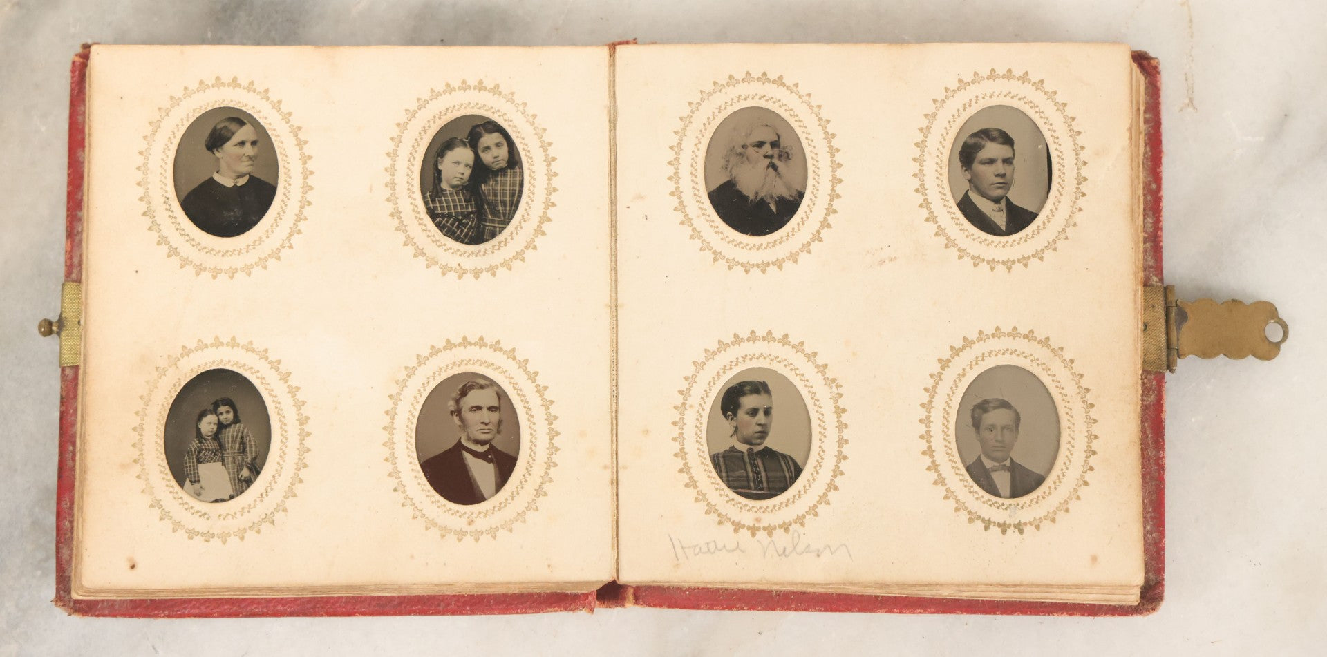 Lot 079 - Antique Red Gem Tintype Photograph Album Containing 70+ Photos, Including Three Dapper Young Men Smoking, Many Identified (All Pages Pictured)