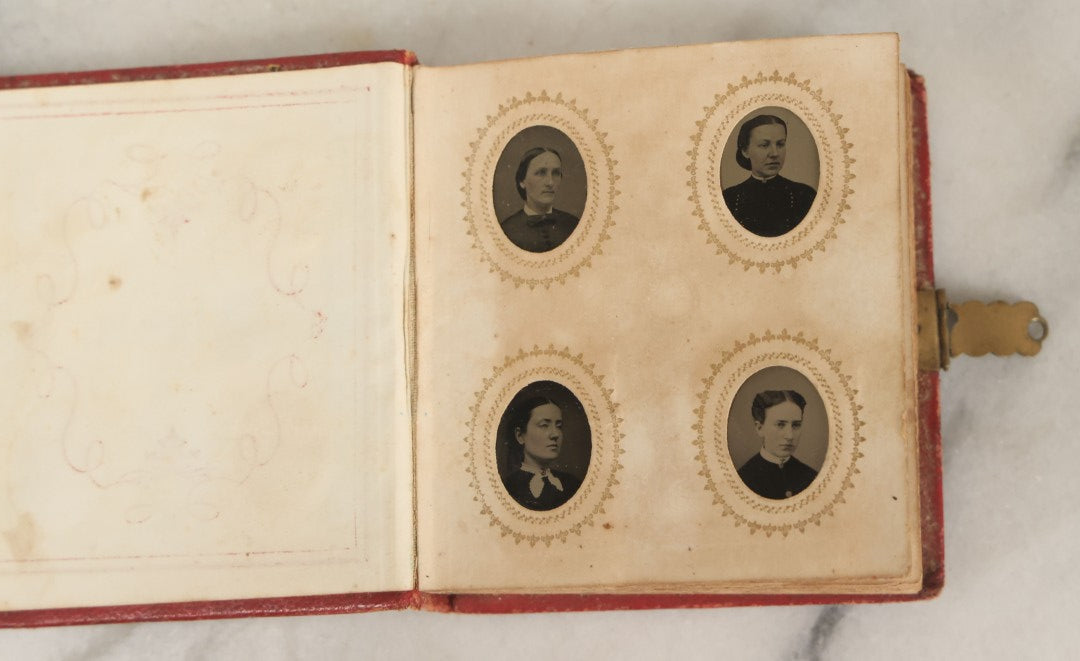 Lot 079 - Antique Red Gem Tintype Photograph Album Containing 70+ Photos, Including Three Dapper Young Men Smoking, Many Identified (All Pages Pictured)