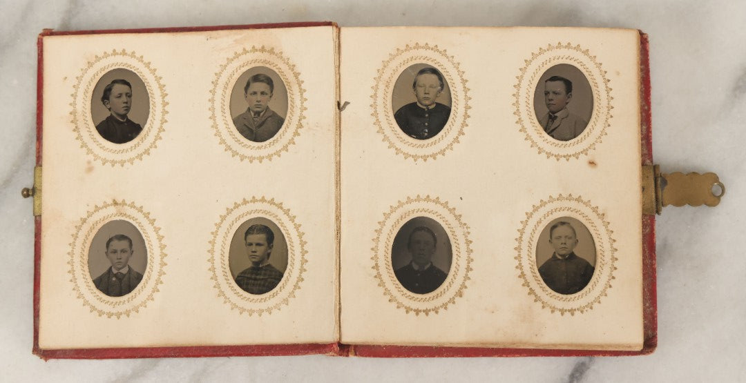 Lot 079 - Antique Red Gem Tintype Photograph Album Containing 70+ Photos, Including Three Dapper Young Men Smoking, Many Identified (All Pages Pictured)
