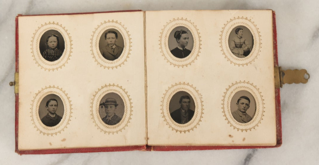 Lot 079 - Antique Red Gem Tintype Photograph Album Containing 70+ Photos, Including Three Dapper Young Men Smoking, Many Identified (All Pages Pictured)