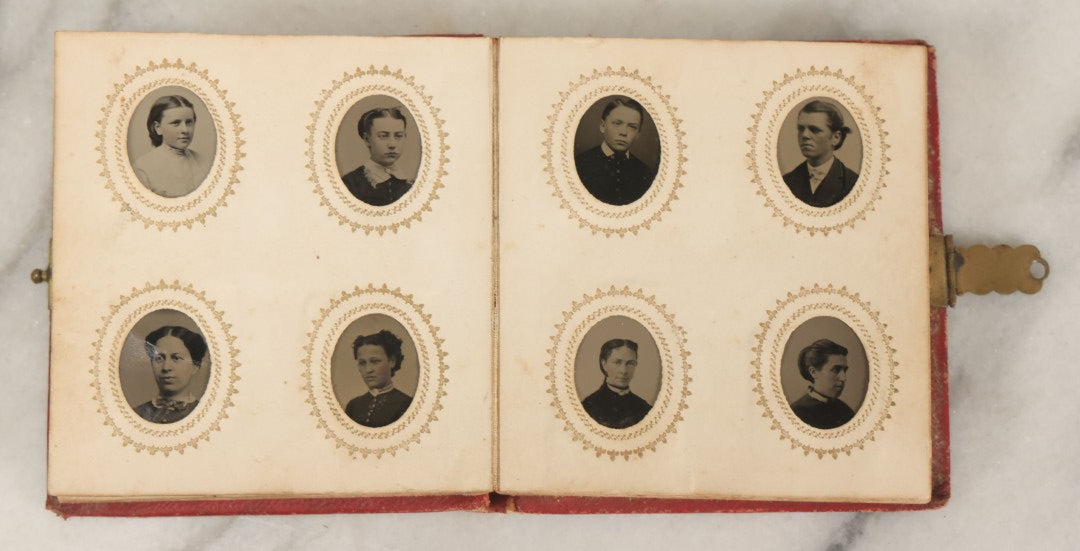 Lot 079 - Antique Red Gem Tintype Photograph Album Containing 70+ Photos, Including Three Dapper Young Men Smoking, Many Identified (All Pages Pictured)