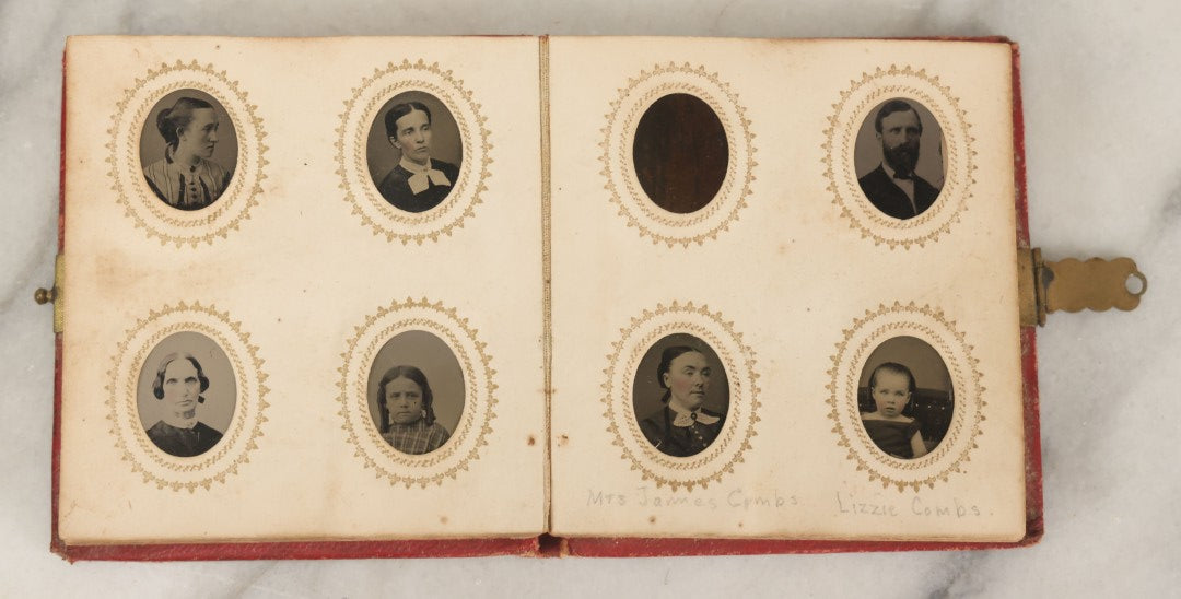 Lot 079 - Antique Red Gem Tintype Photograph Album Containing 70+ Photos, Including Three Dapper Young Men Smoking, Many Identified (All Pages Pictured)