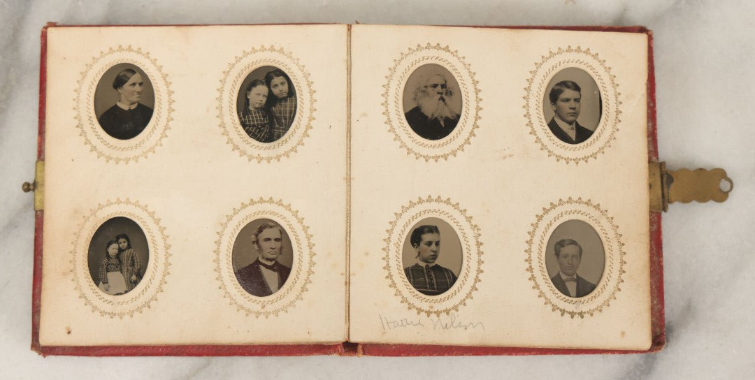 Lot 079 - Antique Red Gem Tintype Photograph Album Containing 70+ Photos, Including Three Dapper Young Men Smoking, Many Identified (All Pages Pictured)