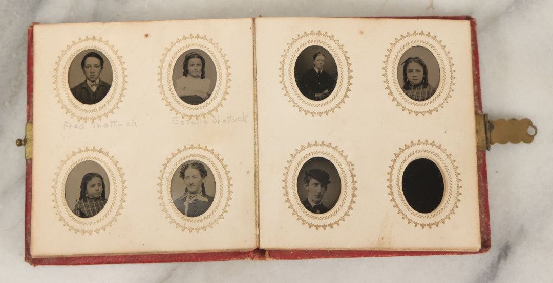 Lot 079 - Antique Red Gem Tintype Photograph Album Containing 70+ Photos, Including Three Dapper Young Men Smoking, Many Identified (All Pages Pictured)