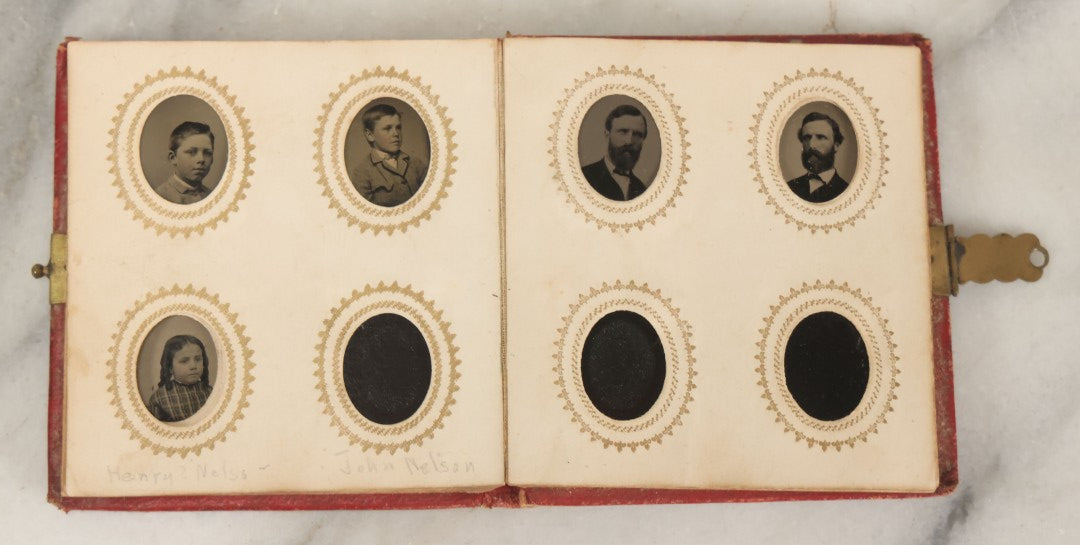 Lot 079 - Antique Red Gem Tintype Photograph Album Containing 70+ Photos, Including Three Dapper Young Men Smoking, Many Identified (All Pages Pictured)