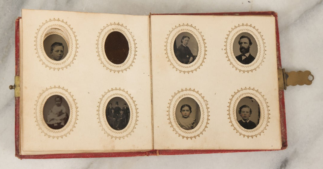 Lot 079 - Antique Red Gem Tintype Photograph Album Containing 70+ Photos, Including Three Dapper Young Men Smoking, Many Identified (All Pages Pictured)