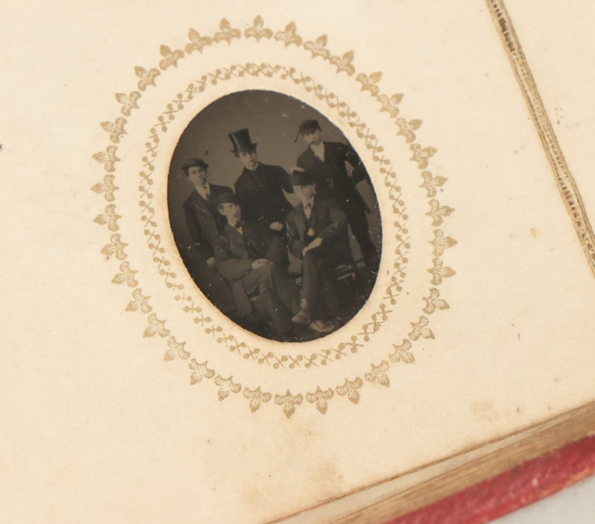 Lot 079 - Antique Red Gem Tintype Photograph Album Containing 70+ Photos, Including Three Dapper Young Men Smoking, Many Identified (All Pages Pictured)
