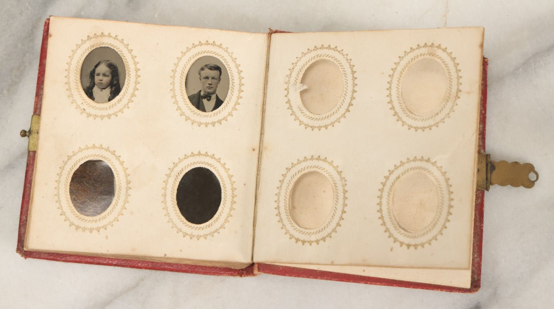 Lot 079 - Antique Red Gem Tintype Photograph Album Containing 70+ Photos, Including Three Dapper Young Men Smoking, Many Identified (All Pages Pictured)