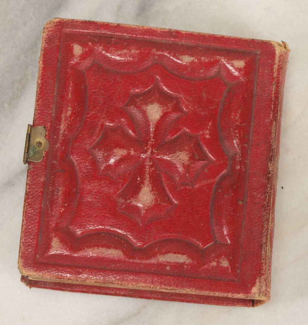 Lot 079 - Antique Red Gem Tintype Photograph Album Containing 70+ Photos, Including Three Dapper Young Men Smoking, Many Identified (All Pages Pictured)