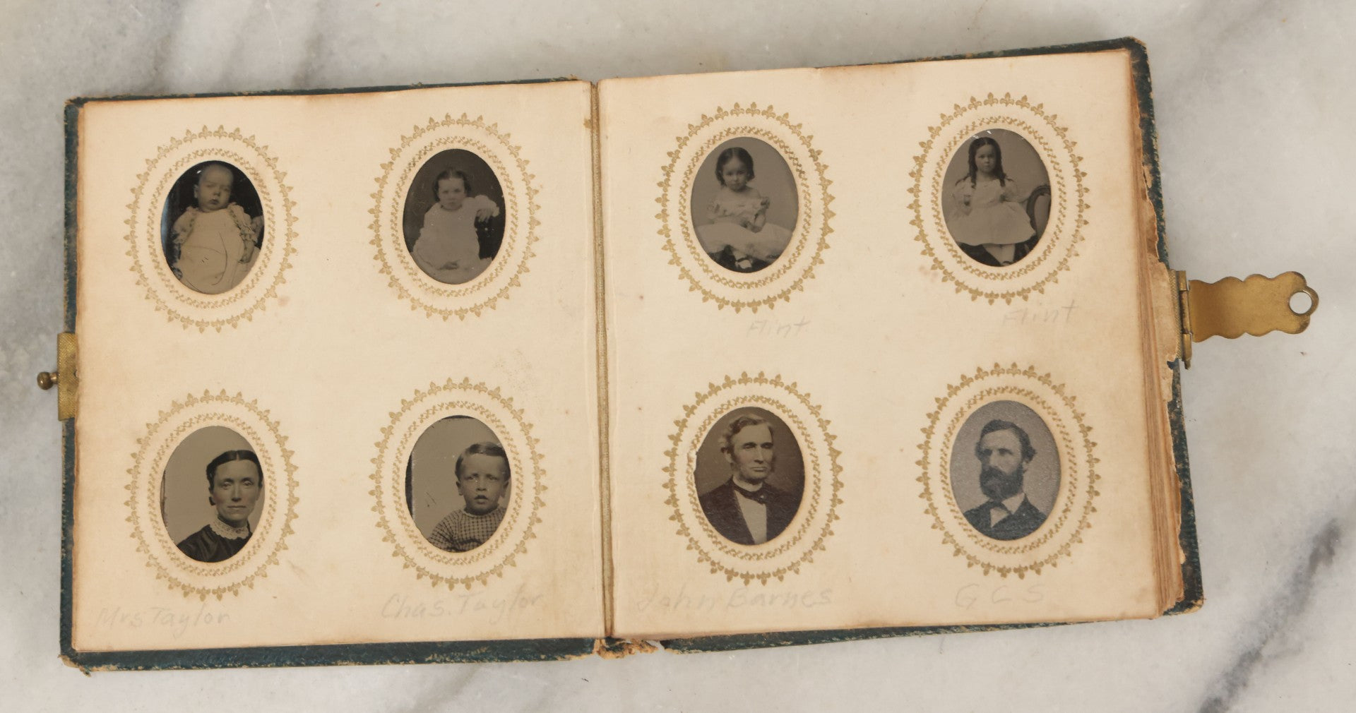 Lot 080 - Antique Green Gem Tintype Photograph Album Containing 70+ Photos, Including Twin Girls, Many Identified (All Pages Pictured)
