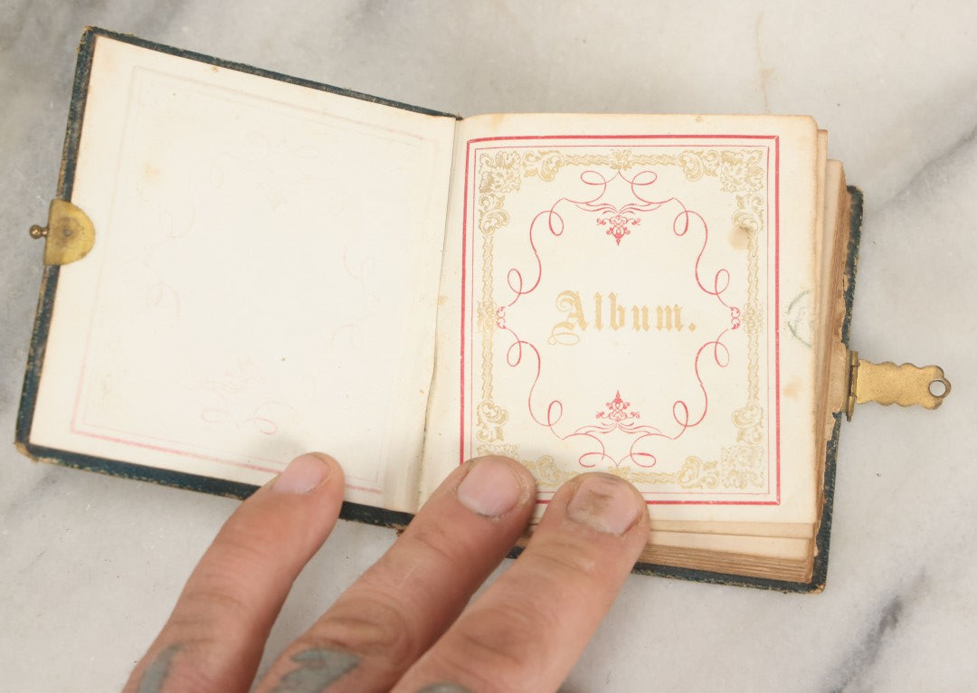 Lot 080 - Antique Green Gem Tintype Photograph Album Containing 70+ Photos, Including Twin Girls, Many Identified (All Pages Pictured)