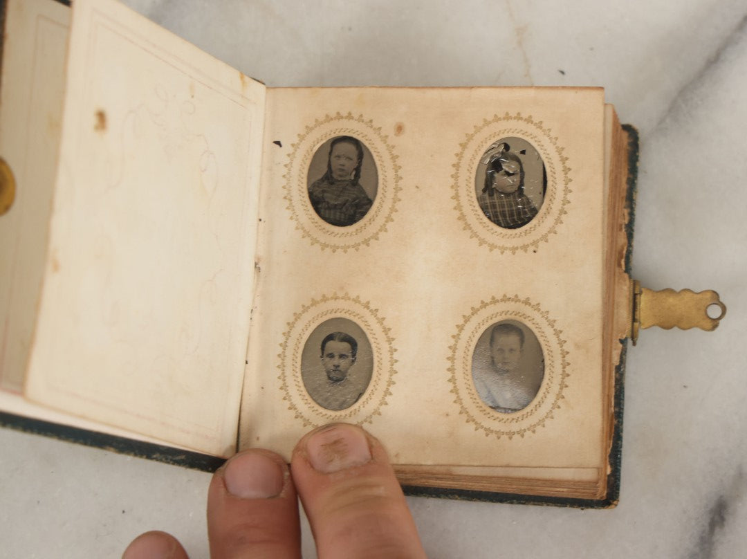 Lot 080 - Antique Green Gem Tintype Photograph Album Containing 70+ Photos, Including Twin Girls, Many Identified (All Pages Pictured)