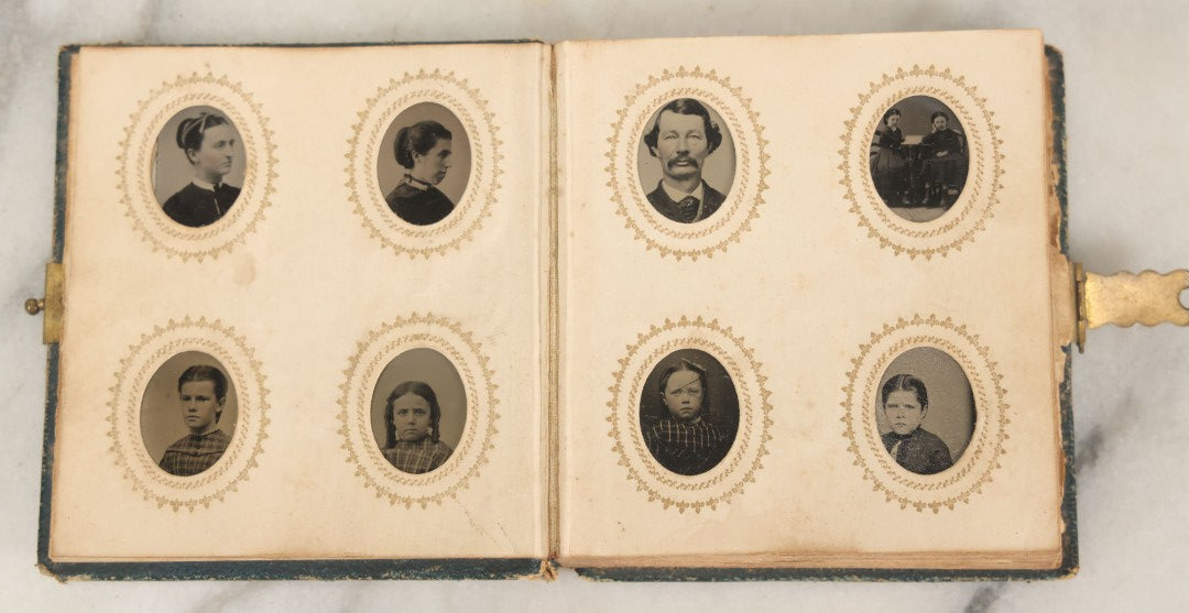 Lot 080 - Antique Green Gem Tintype Photograph Album Containing 70+ Photos, Including Twin Girls, Many Identified (All Pages Pictured)