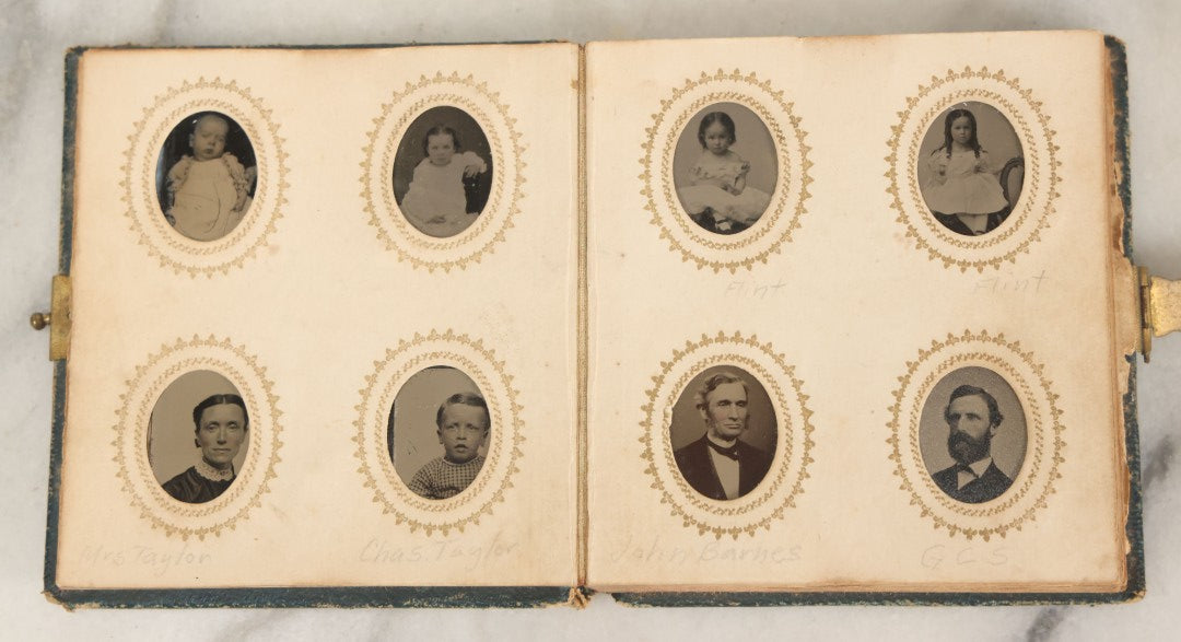 Lot 080 - Antique Green Gem Tintype Photograph Album Containing 70+ Photos, Including Twin Girls, Many Identified (All Pages Pictured)