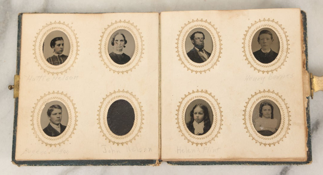 Lot 080 - Antique Green Gem Tintype Photograph Album Containing 70+ Photos, Including Twin Girls, Many Identified (All Pages Pictured)