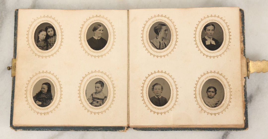 Lot 080 - Antique Green Gem Tintype Photograph Album Containing 70+ Photos, Including Twin Girls, Many Identified (All Pages Pictured)