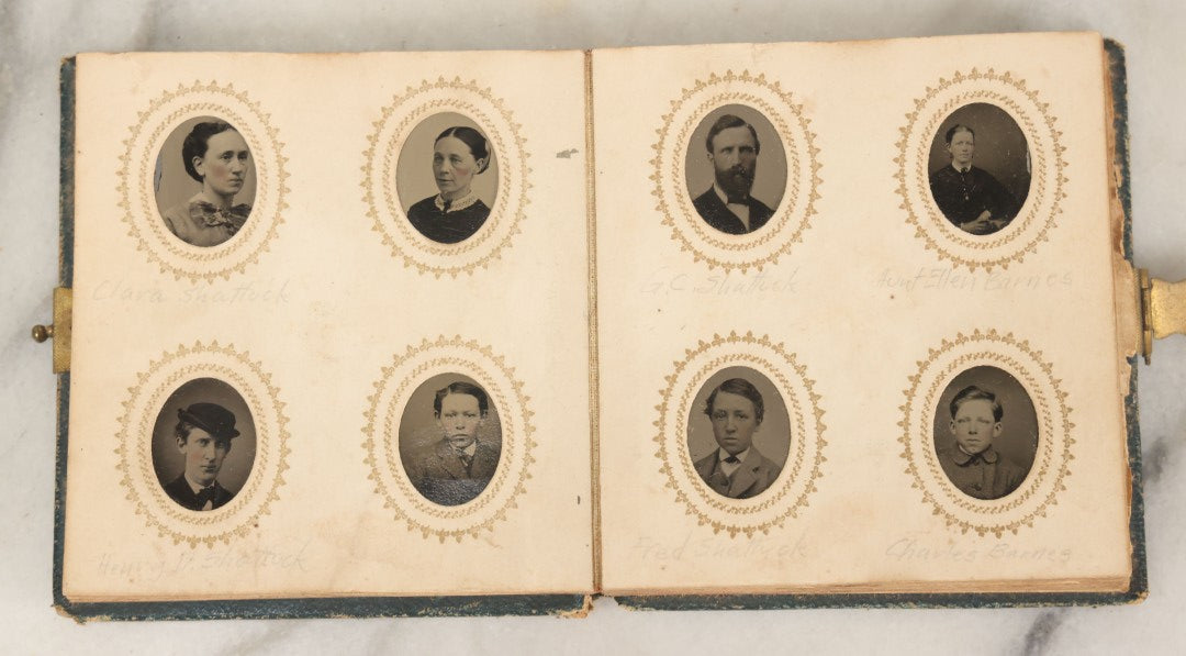 Lot 080 - Antique Green Gem Tintype Photograph Album Containing 70+ Photos, Including Twin Girls, Many Identified (All Pages Pictured)