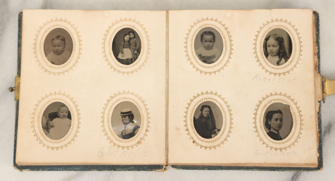 Lot 080 - Antique Green Gem Tintype Photograph Album Containing 70+ Photos, Including Twin Girls, Many Identified (All Pages Pictured)
