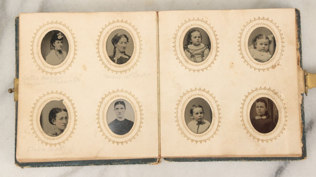 Lot 080 - Antique Green Gem Tintype Photograph Album Containing 70+ Photos, Including Twin Girls, Many Identified (All Pages Pictured)