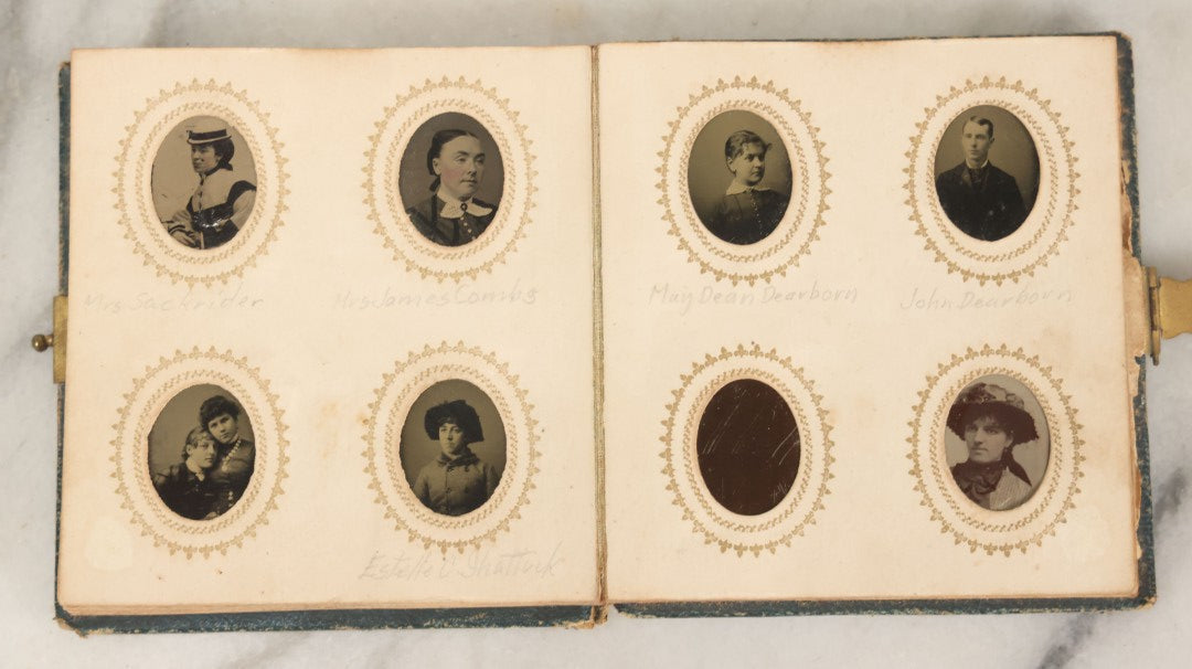Lot 080 - Antique Green Gem Tintype Photograph Album Containing 70+ Photos, Including Twin Girls, Many Identified (All Pages Pictured)