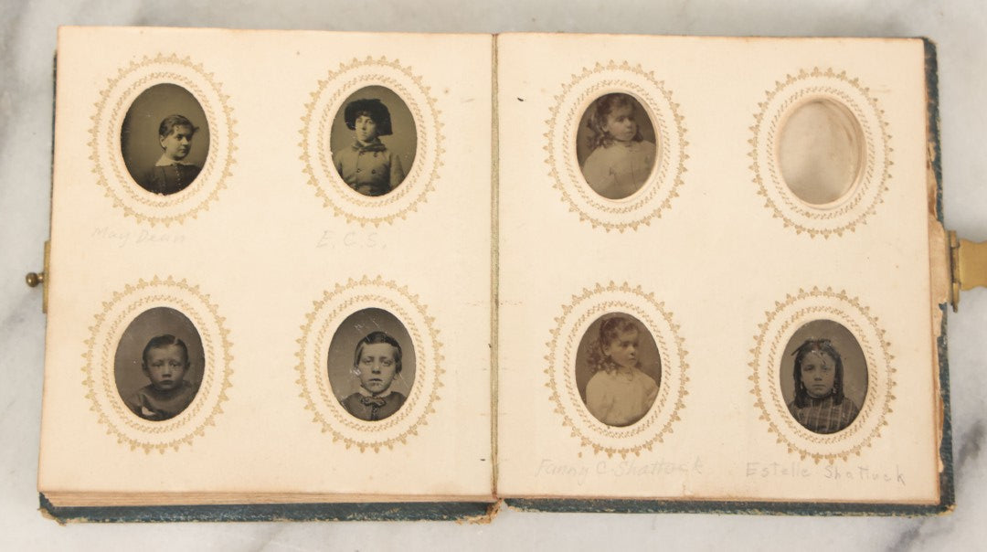 Lot 080 - Antique Green Gem Tintype Photograph Album Containing 70+ Photos, Including Twin Girls, Many Identified (All Pages Pictured)