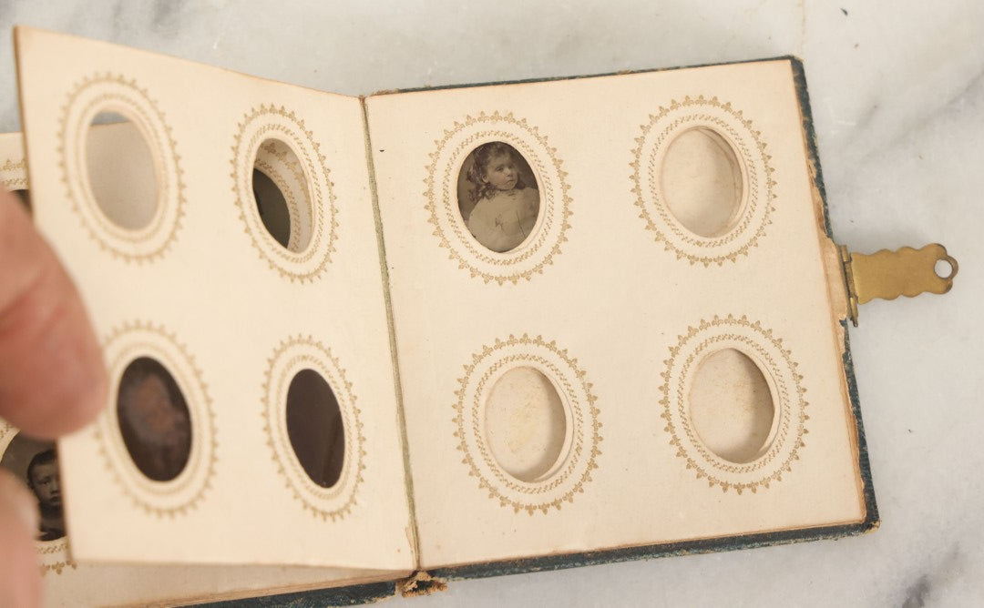 Lot 080 - Antique Green Gem Tintype Photograph Album Containing 70+ Photos, Including Twin Girls, Many Identified (All Pages Pictured)