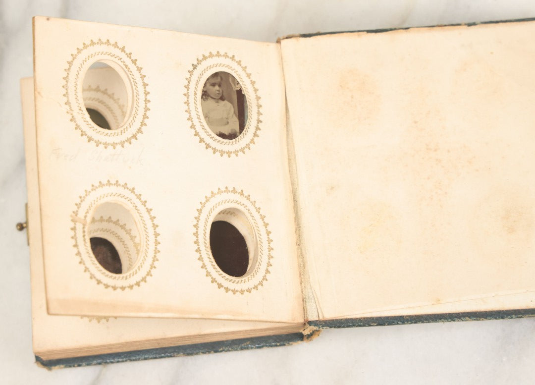 Lot 080 - Antique Green Gem Tintype Photograph Album Containing 70+ Photos, Including Twin Girls, Many Identified (All Pages Pictured)