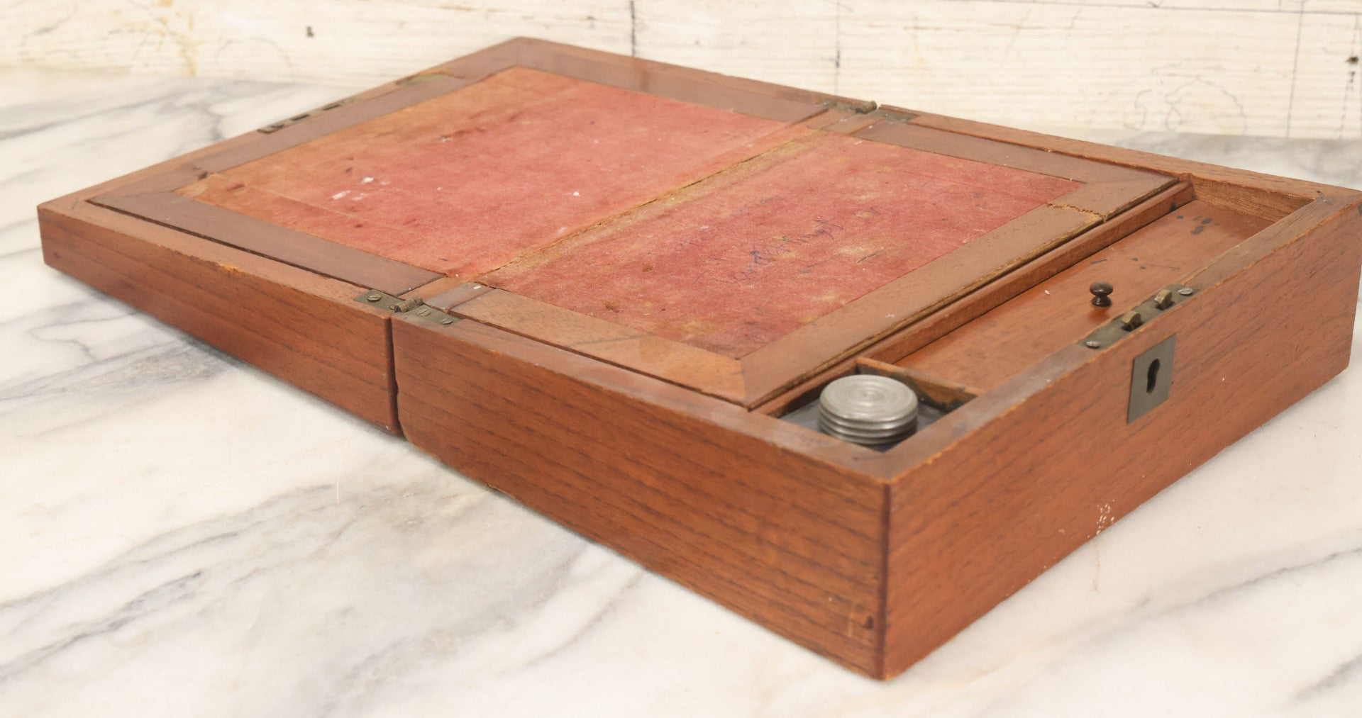 Lot 096 - Antique Lift Top Writing Lap Desk With Interior Compartments, Red Felt, With Original Inkwell